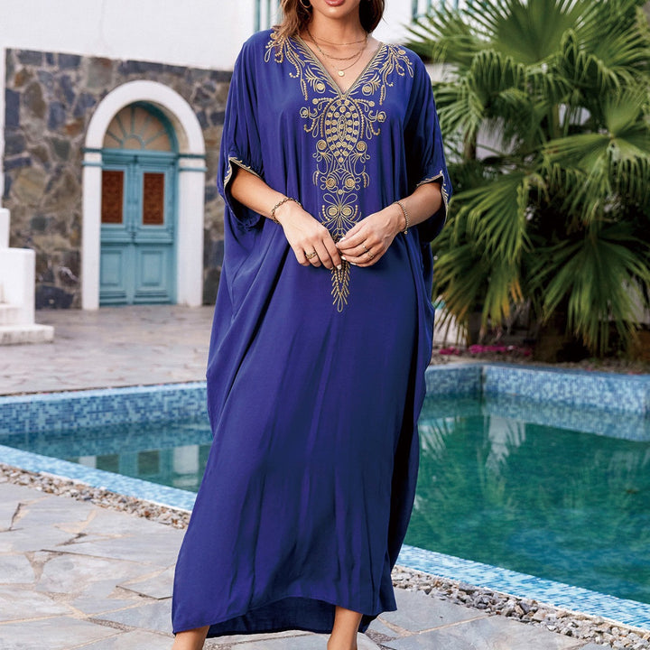 Dame Kaftan med kunstnerisk broderi og elegant V-hals Stilla