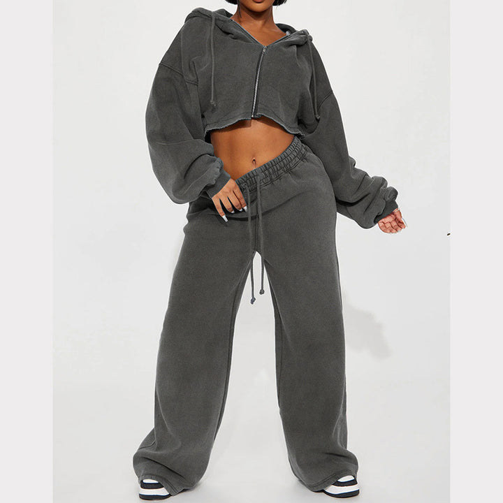 Dame afslappet oversized cropped sæt med lynlås og brede ben Stilla