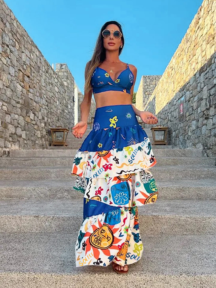 Dame To-delt Sommeroutfit med farverig flæseplade og moderigtig bustier Stilla