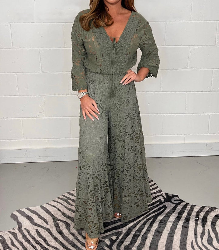 Dame Elegant spidse-outfit med bredt udfoldet bukseben og bindebånd Stilla