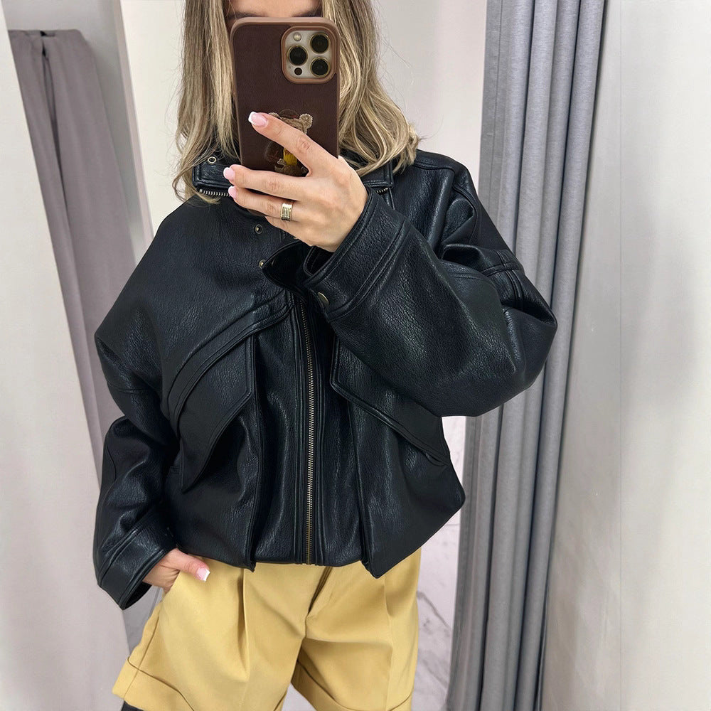Dame Oversized Kunstlæderjakke med dekorative detaljer Stilla