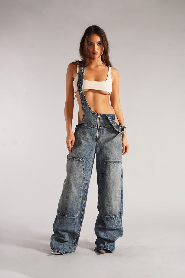 Damer afslappet Denim-overalls med oversized snit og praktiske lommer Skovae