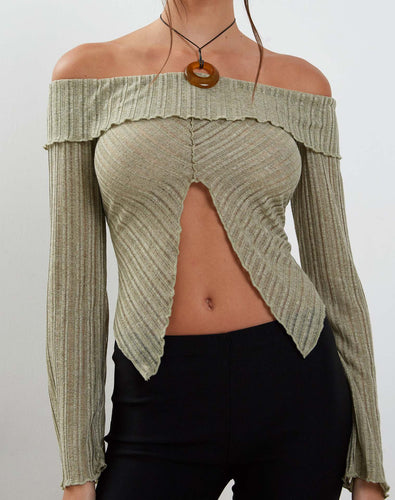 Dame trendy top med off-shoulder-design og dekorative flæser Skovae