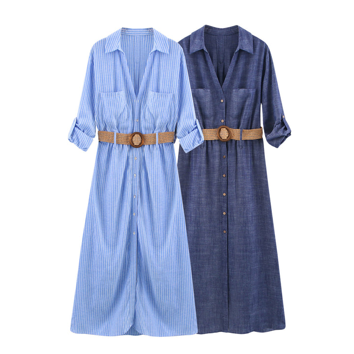 Femme Casual Button-Up Midi Kjole med Bælte Stilla