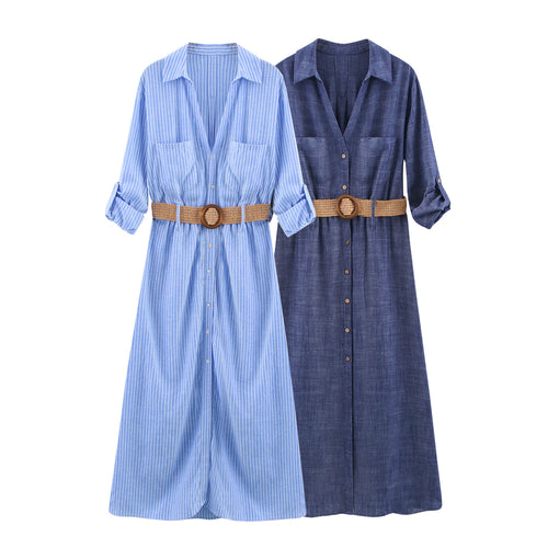 Femme Casual Button-Up Midi Kjole med Bælte Stilla