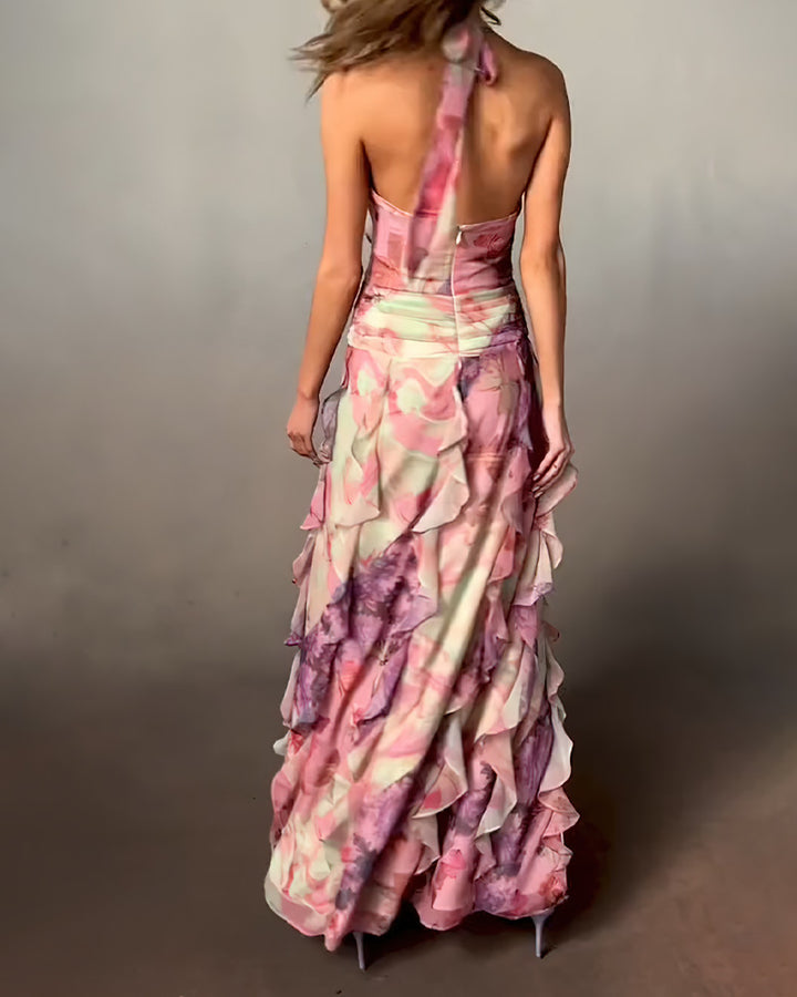 Kvinder Elegant Maxi Kjole med Ruffles Lag og Dyb V-Hals Skovae