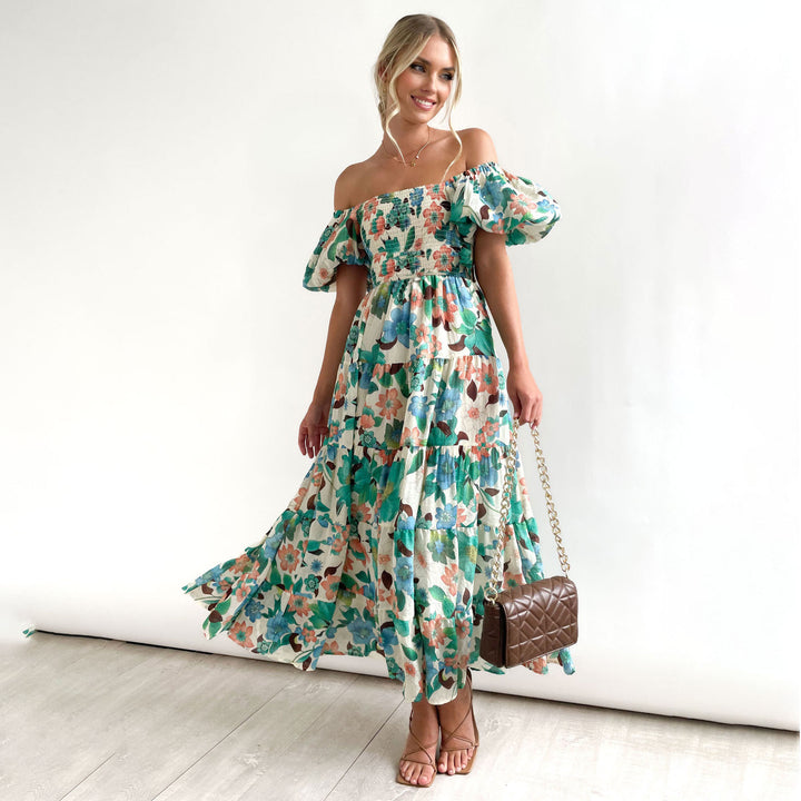 Dame Floral Puff Ærme Midi Kjole Stilla