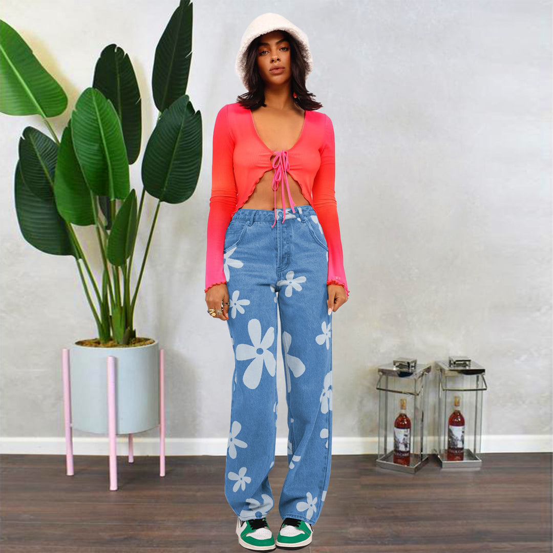 Dame brede jeans i retro-inspireret blomstermønster med høj talje Stilla