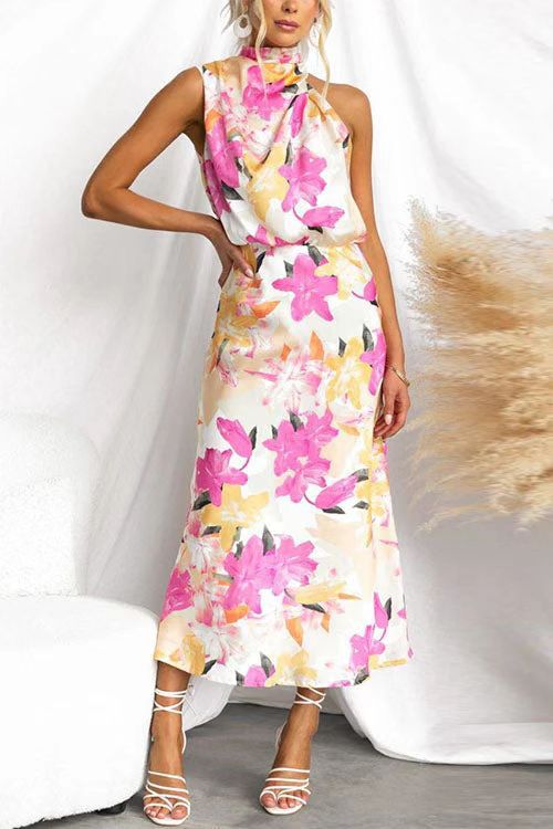 Kvindernes maxikjole med asymmetrisk top og blomsterprint Skovae