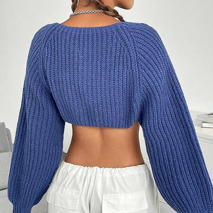 Dame cropped pullover med lange pufærmer og dekorative bånd Stilla