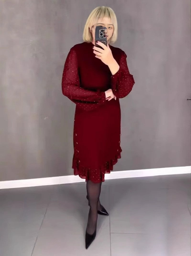 Ladies Elegant Dress with Voluminous Sleeves and Cut-Out Hem Skovae
