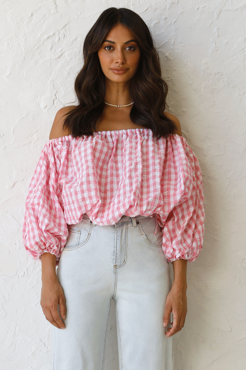 Dame Off-Shoulder Gingham Bluse med Puffærmer Stilla