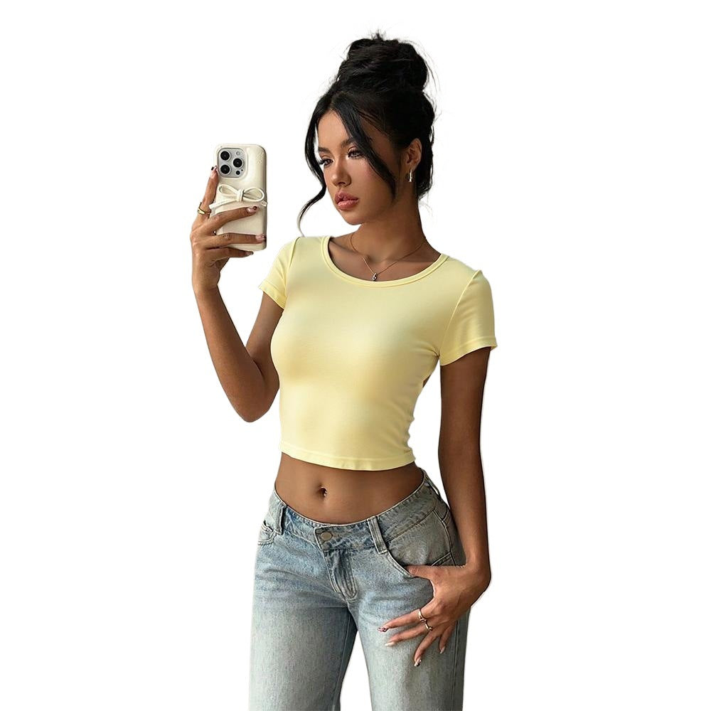Dame trendy cropped T-shirt med rund hals Stilla