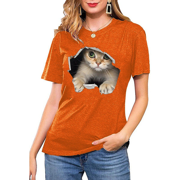 Dame T-shirt med kreativ kattemotiv og struktureret pasform Stilla