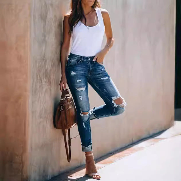Dame klassiske Skinny Jeans med moderigtige Destroyed-detaljer Stilla