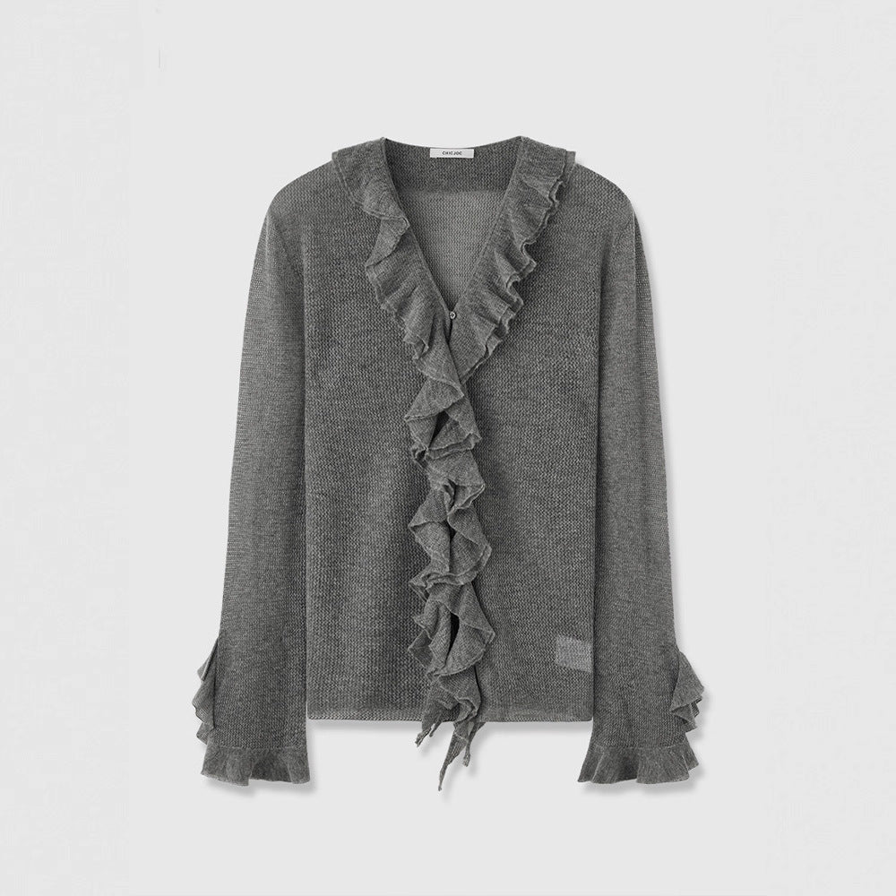 Kvindernes strikkede sweater med flæse dekoration Stilla