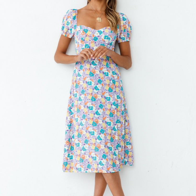 Dame Floral Puffærmer Midi Kjole Stilla