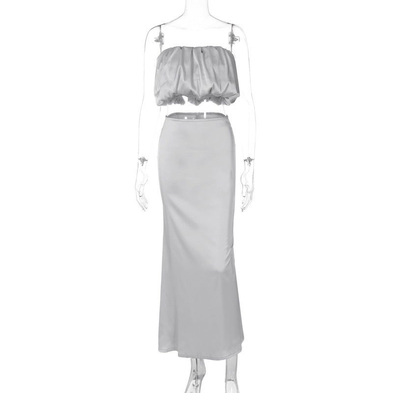 Dame Elegant top med rynket design og lang, tætsiddende nederdel Stilla