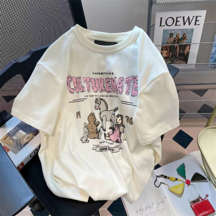 Dame T-shirt med kreativ kulturprint og afslappet oversized-snit Stilla