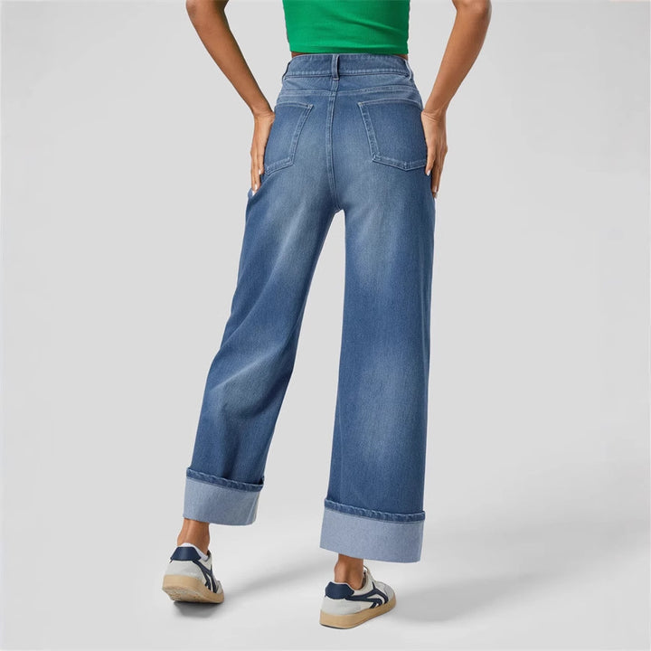Dame brede jeans med høj talje og buet kant
