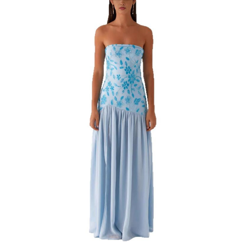Dame strapless maxikjole med elegant blomsterbroderi Stilla