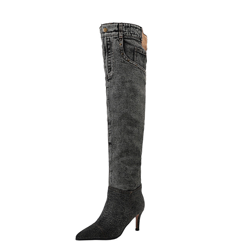 Femme Over-knyde Denim Stiletto Støvler Stilla