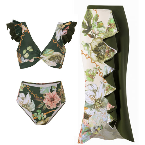 Dame bikinisæt med legesygt flæse-design og elegant maxiskørt Stilla