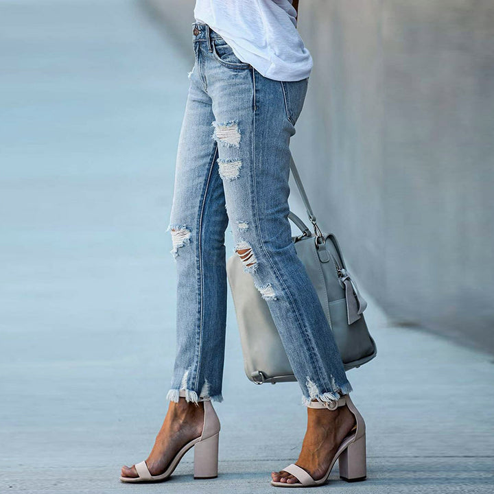 Damer Højtaljede Revne Lige Jeans med Råt Kant Stilla
