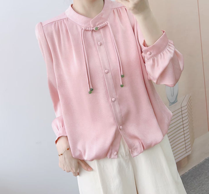 Dame Elegant Langærmet Bluse med Flæsedetaljer og Dekorative Knapper Stilla