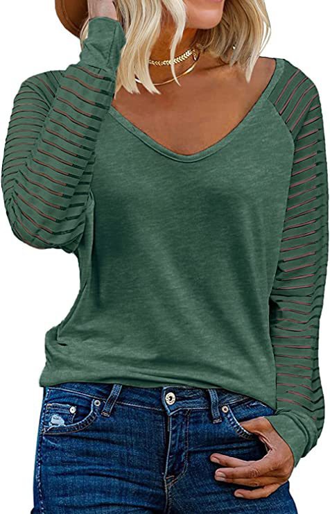 Dame V-hals top med transparente stribearm Stilla