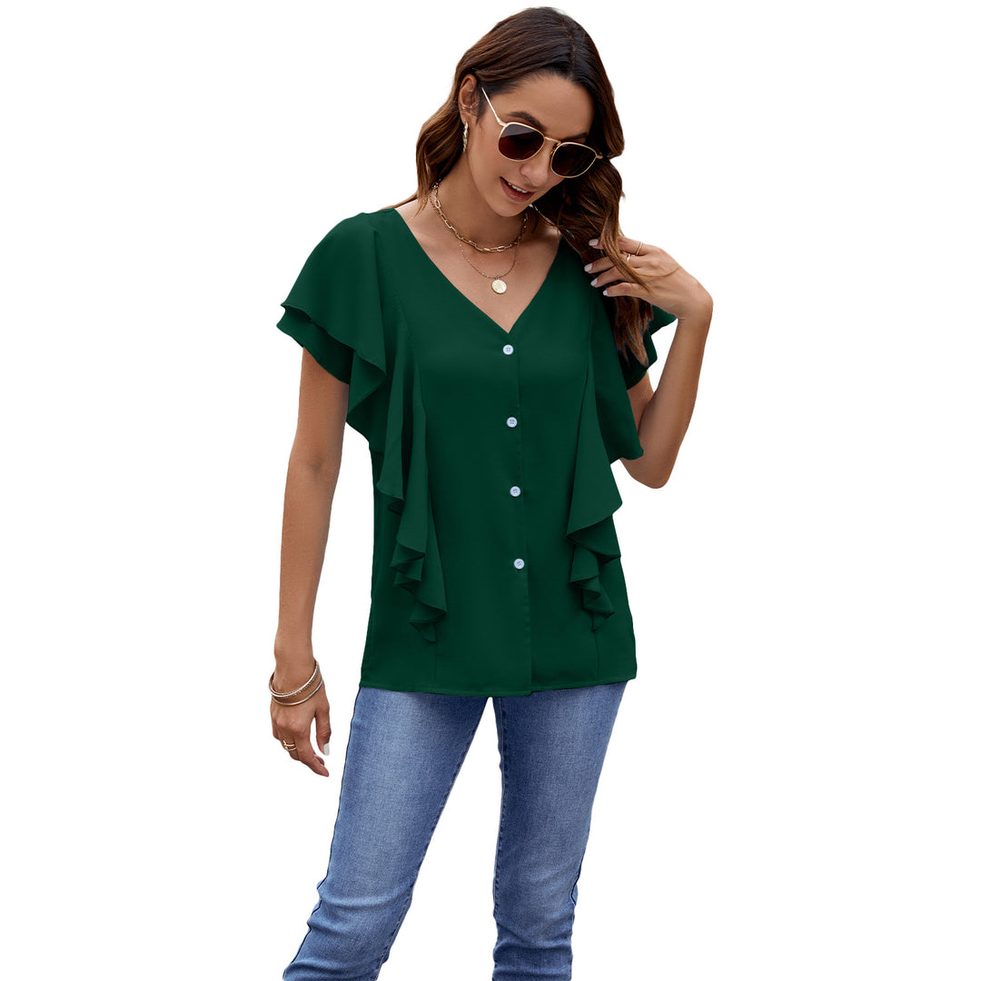 Damebluse med ruffles detaljer og V-udskæring Stilla