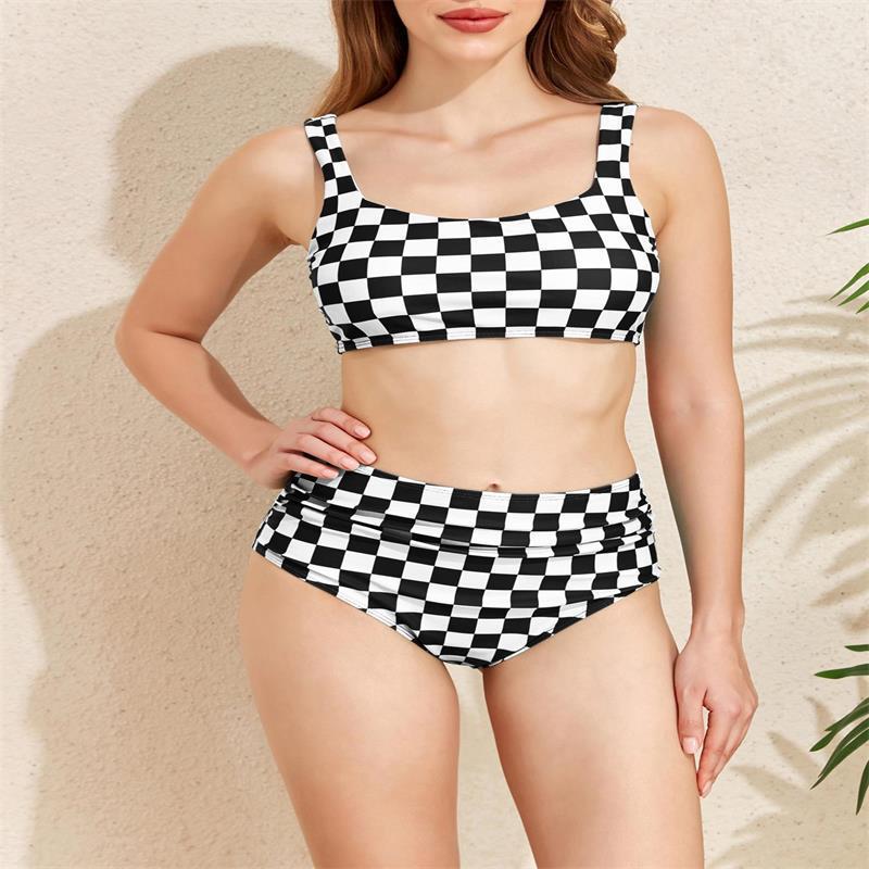 Dame Bikini-sæt med moderigtigt rutemønster og høj taljeskæring Skovae