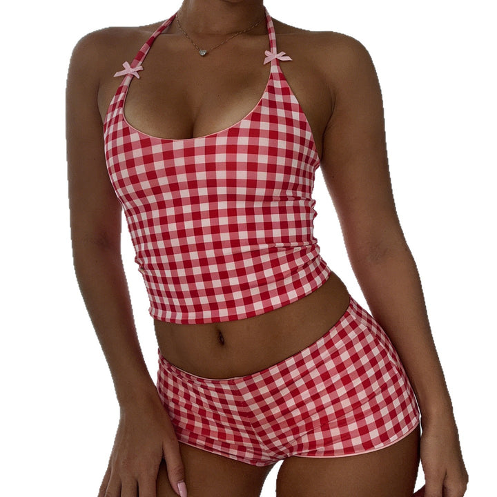 Dame Gingham mønster badedragt med justerbar halterneck Skovae