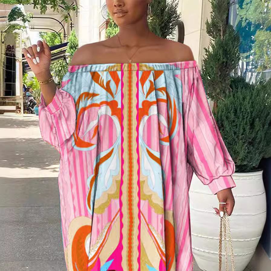 Dame Off-Shoulder Kjole med farverig print og afslappet snit Stilla