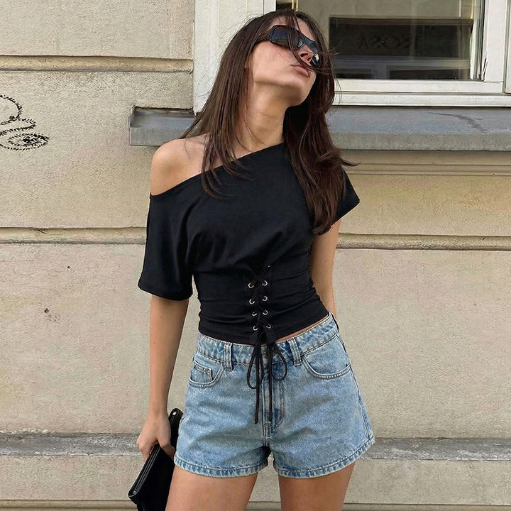 Dame Off-Shoulder Top med justerbar snøre Skovae