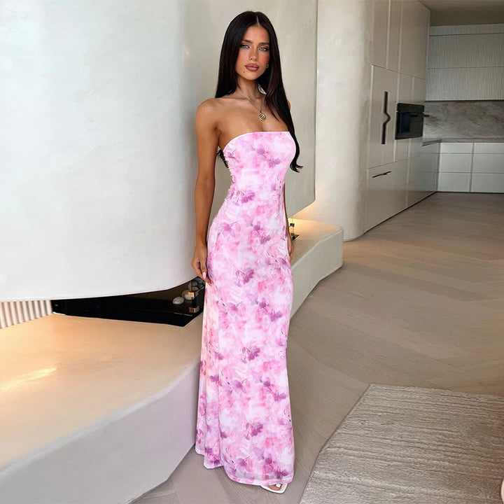 Dame Elegant Bandeau-Maxi-Kjole med blomstret design Skovae