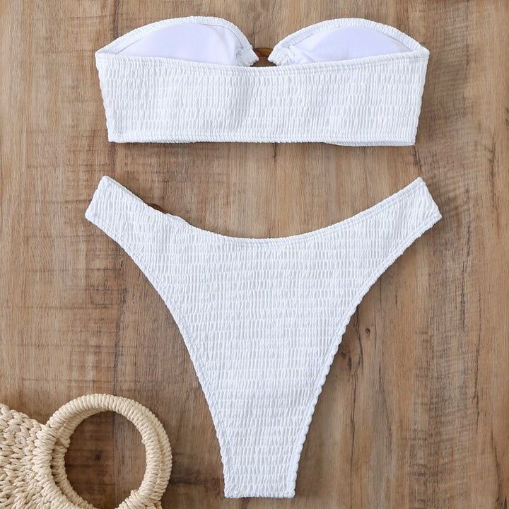Dame Smocked Bandeau-Bikini-Sæt med dekorativt Ringdetalje Stilla