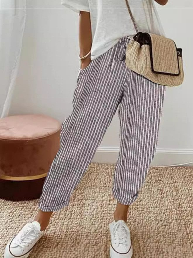 Dame afslappet stribet culotte-style bukser med elastisk talje og sidelommer Stilla