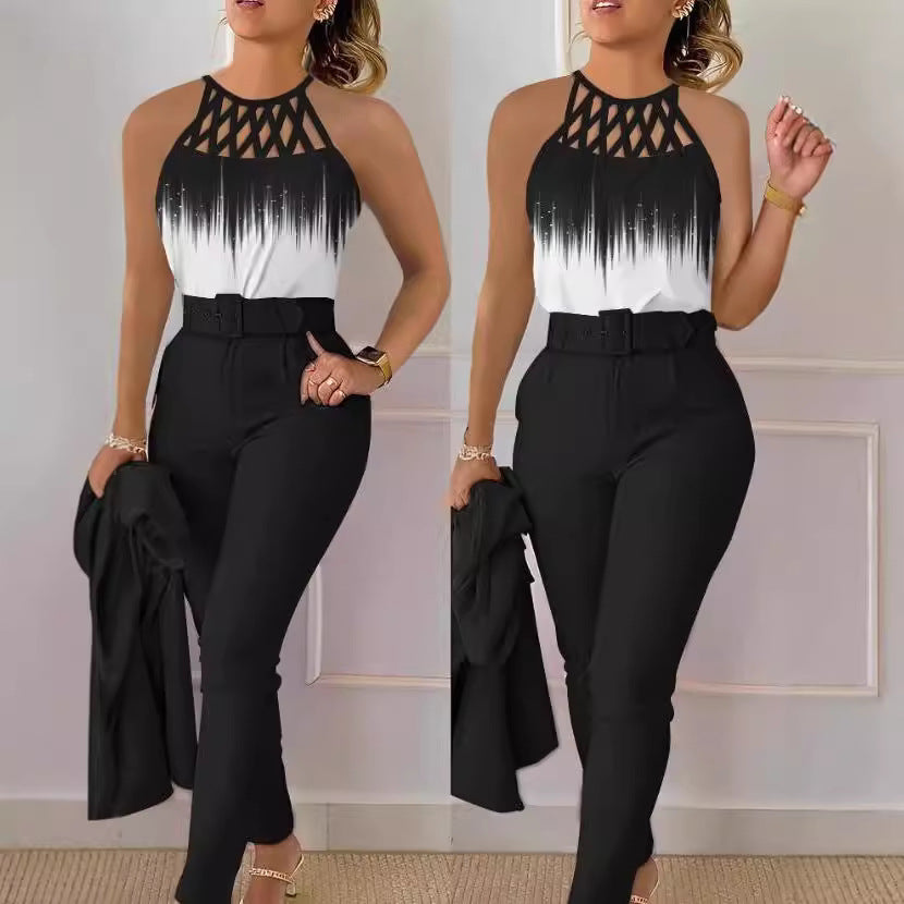 Dame Stilig Bluse med Netstropper og Elegant Bukser Skovae