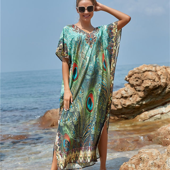 Dame Kaftan med kunstnerisk påfuglemotiv Stilla