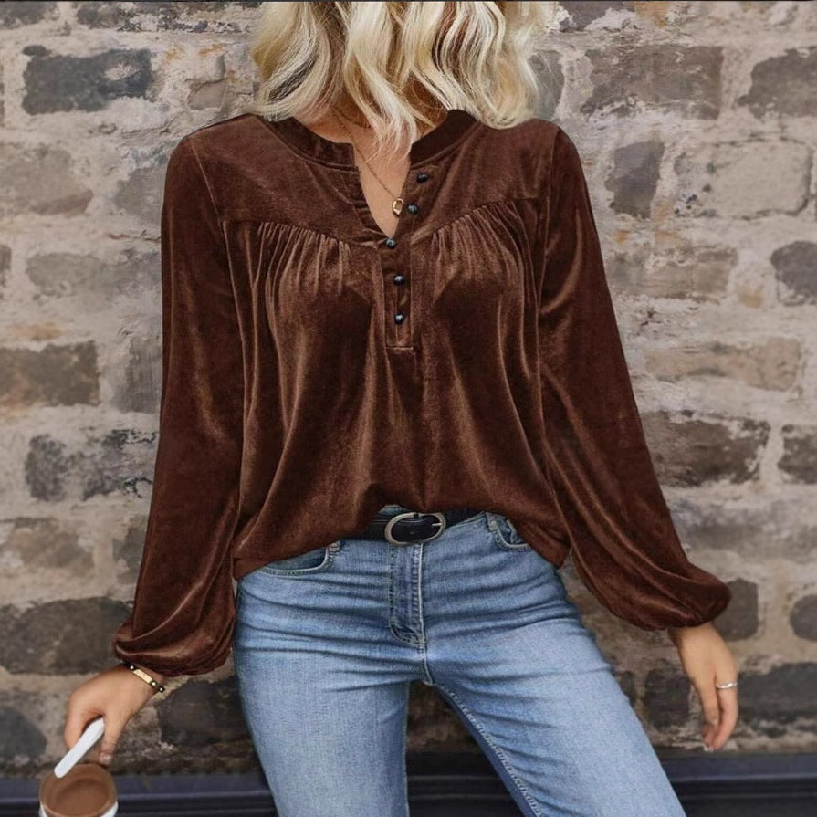 Dame elegant veloursbluse med knapliste Stilla