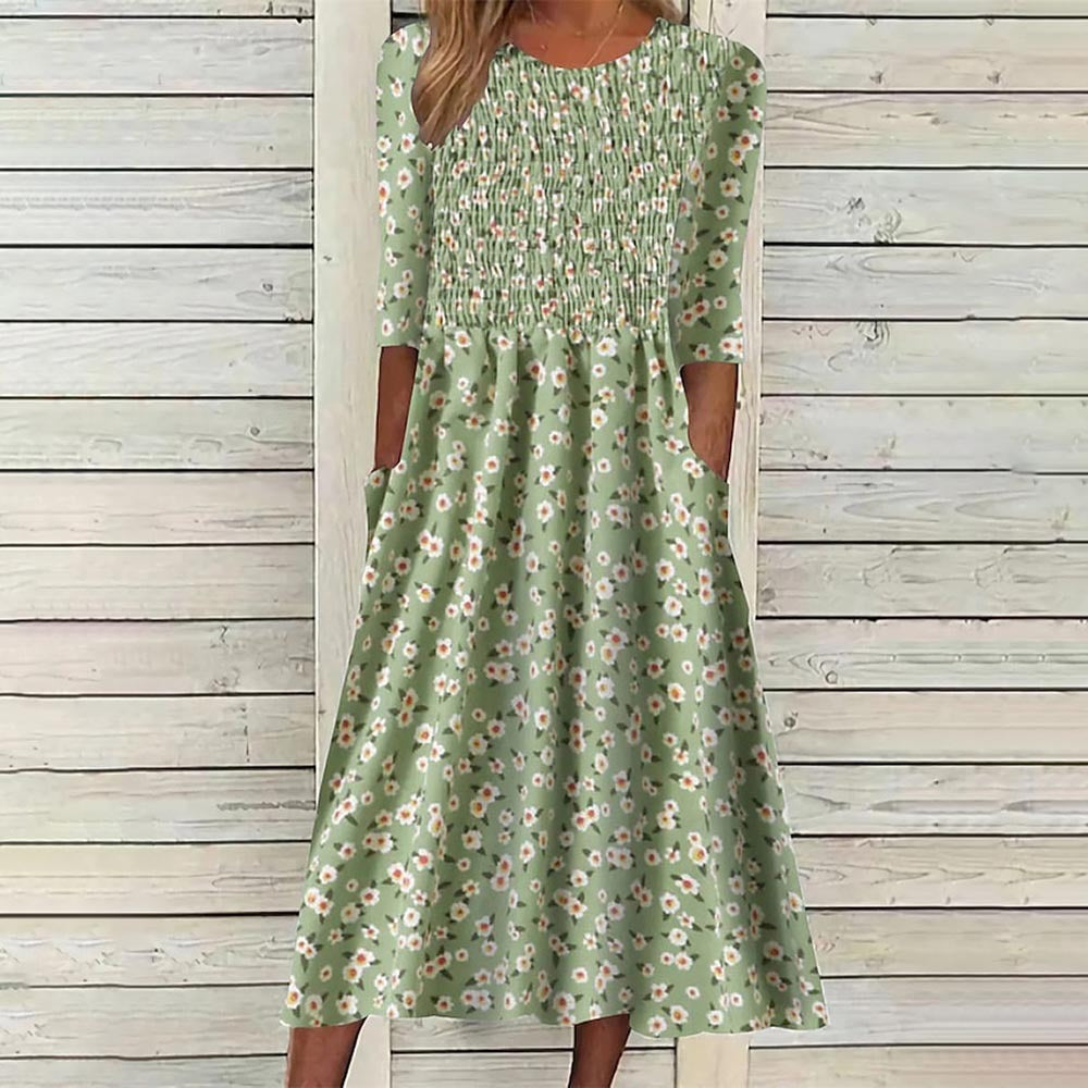 Dame Blomst Midi Kjole med Lommer Stilla