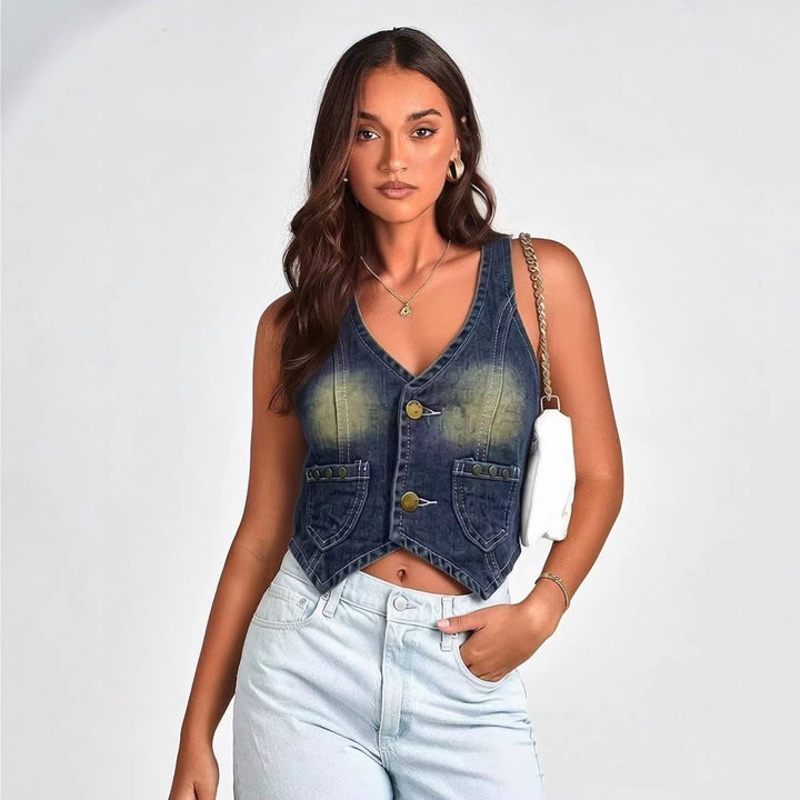 Dame Denim Bustier-Jakke med knapdetaljer og påsyede lommer Skovae