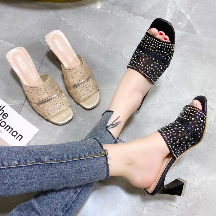 Dame Glamourøse Pantolette med glitrende strassdetaljer og elegant blokhæl Stilla