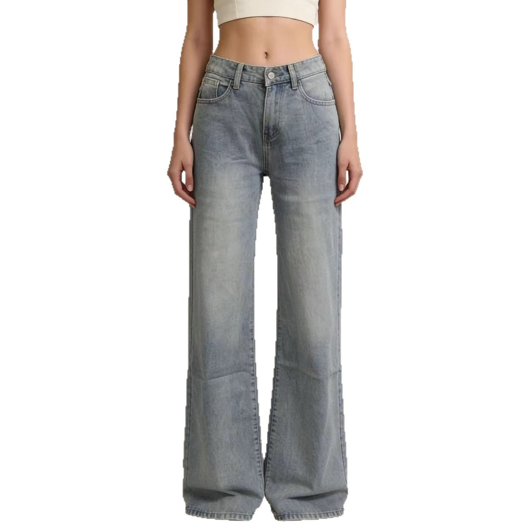 Dame bredde Denim-bukser med vintage-vask og høj talje Skovae