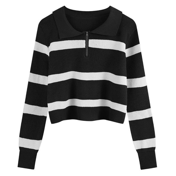 Kvinders strikket sweater med lynlås og stribemønster Stilla
