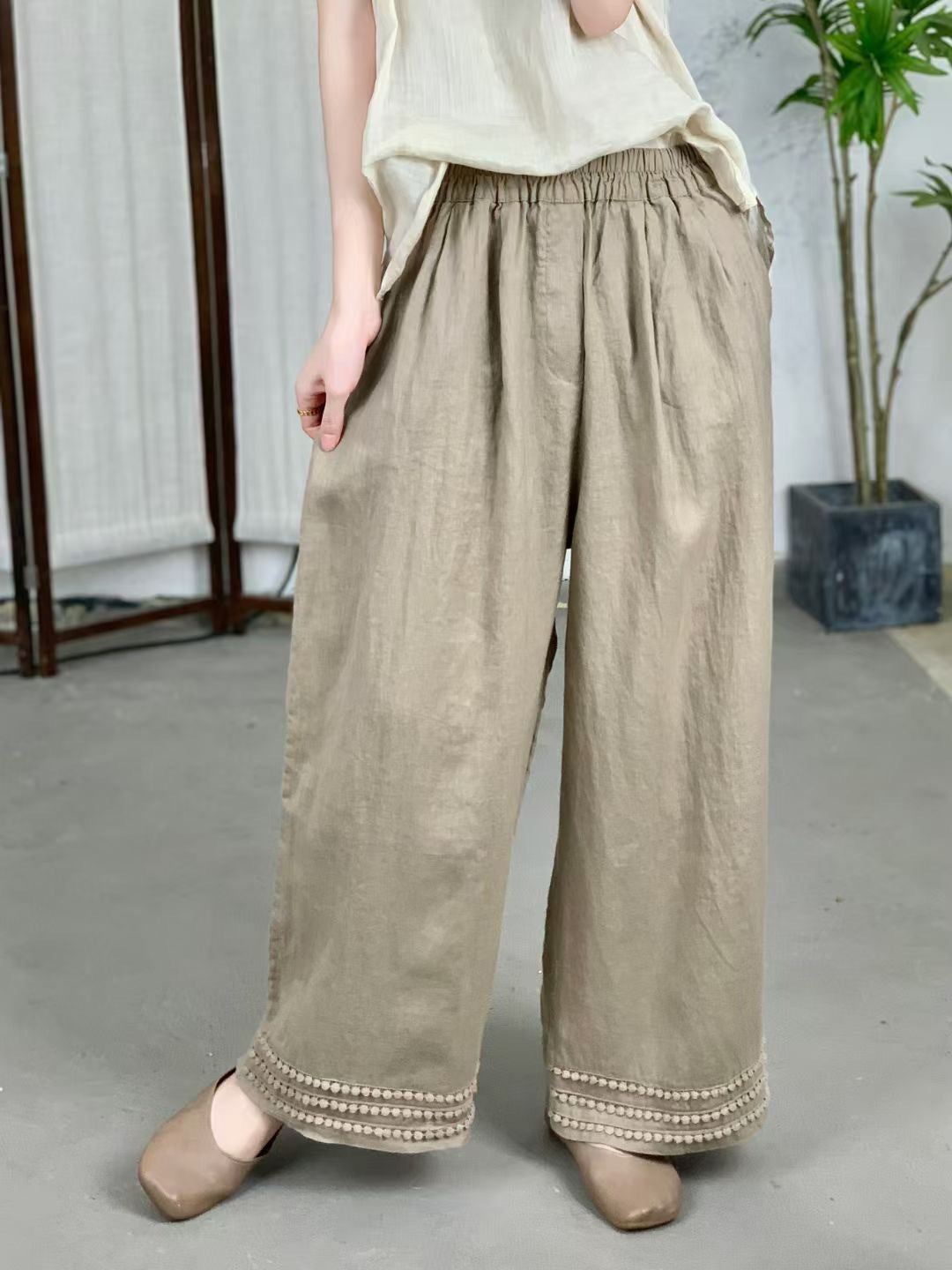Femme Højskåret Løs Linned Culottes med Dekorativt Bånd Stilla