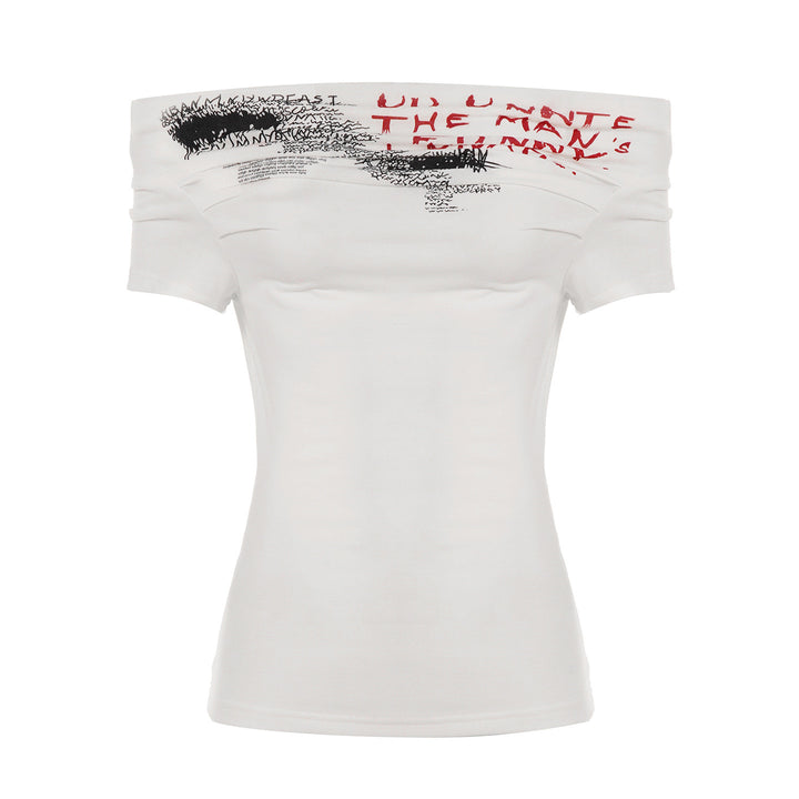 Dame Off-Shoulder T-Shirt med kunstnerisk tryk og tætsiddende pasform Skovae