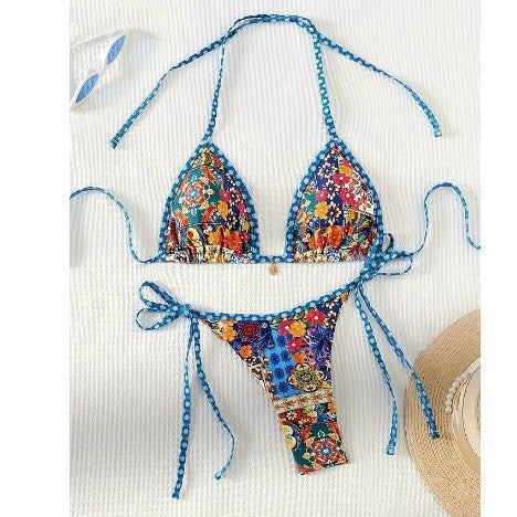 Dame Floral Print Trefold-Bikini-Sæt med justerbare bånd Stilla