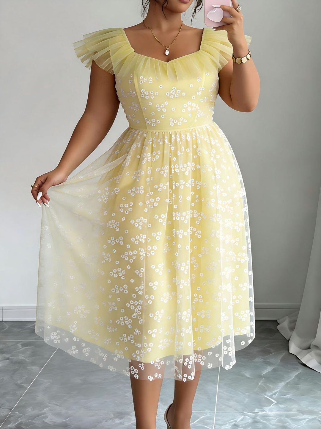 Damer Elegant tylkjole med blomstermønster og puffærmer Skovae